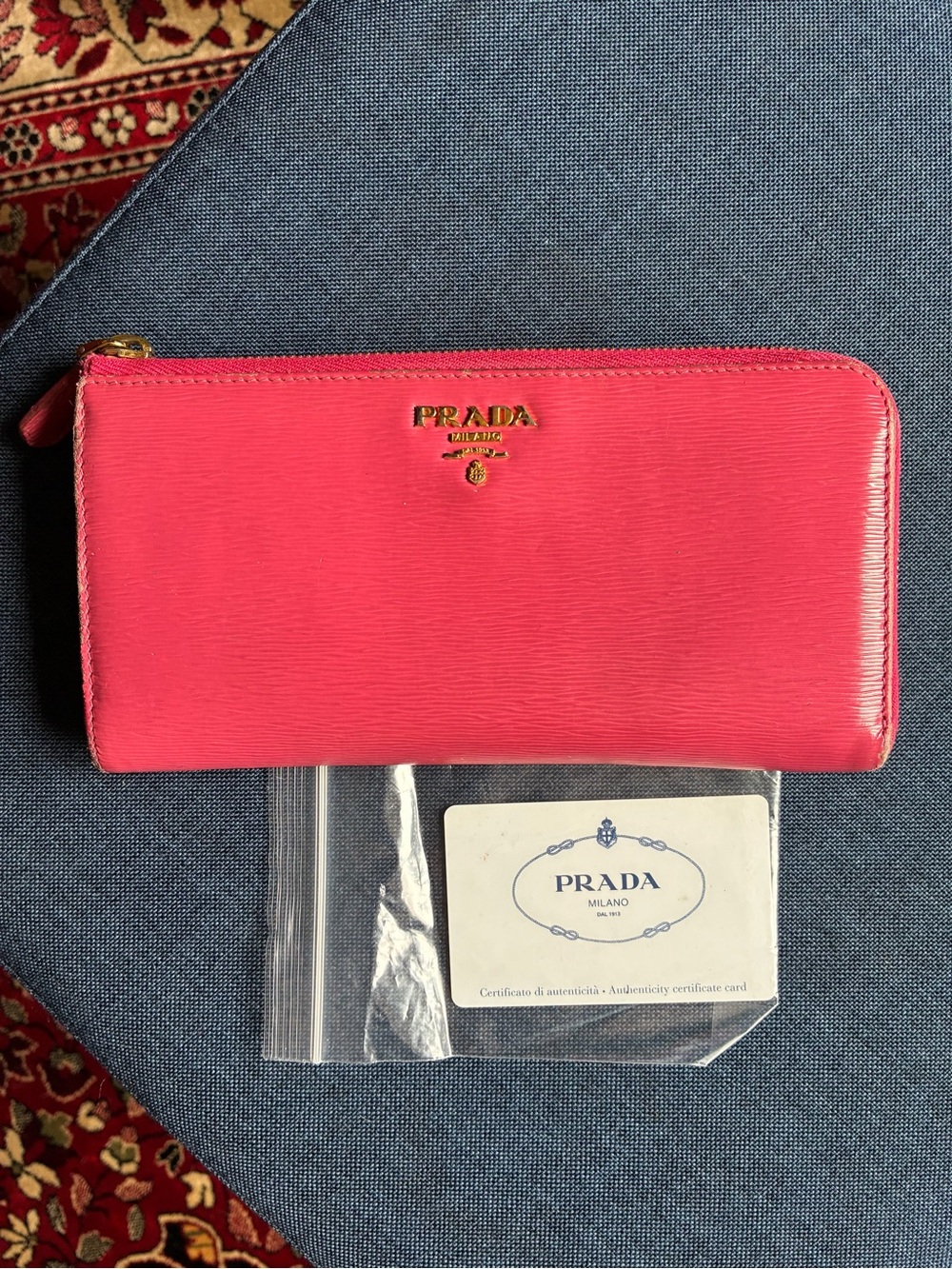 Prada Vitello Move Leather Wallet in Peonia with Gold Logo and Authenticity Card